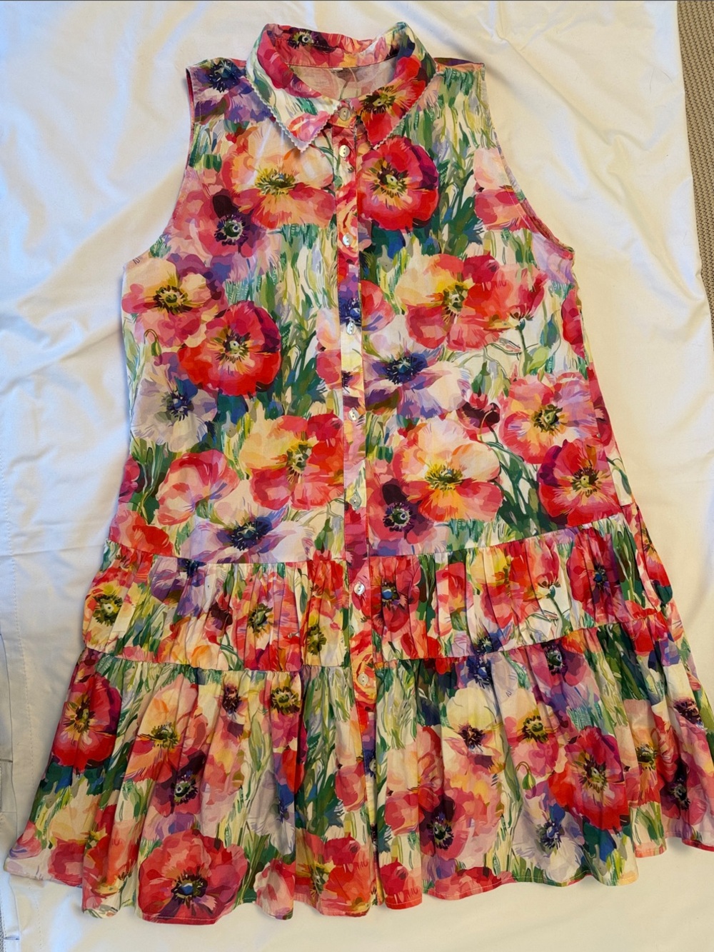 Sleeveless Collared Floral Tiered Dress - Pink Multi